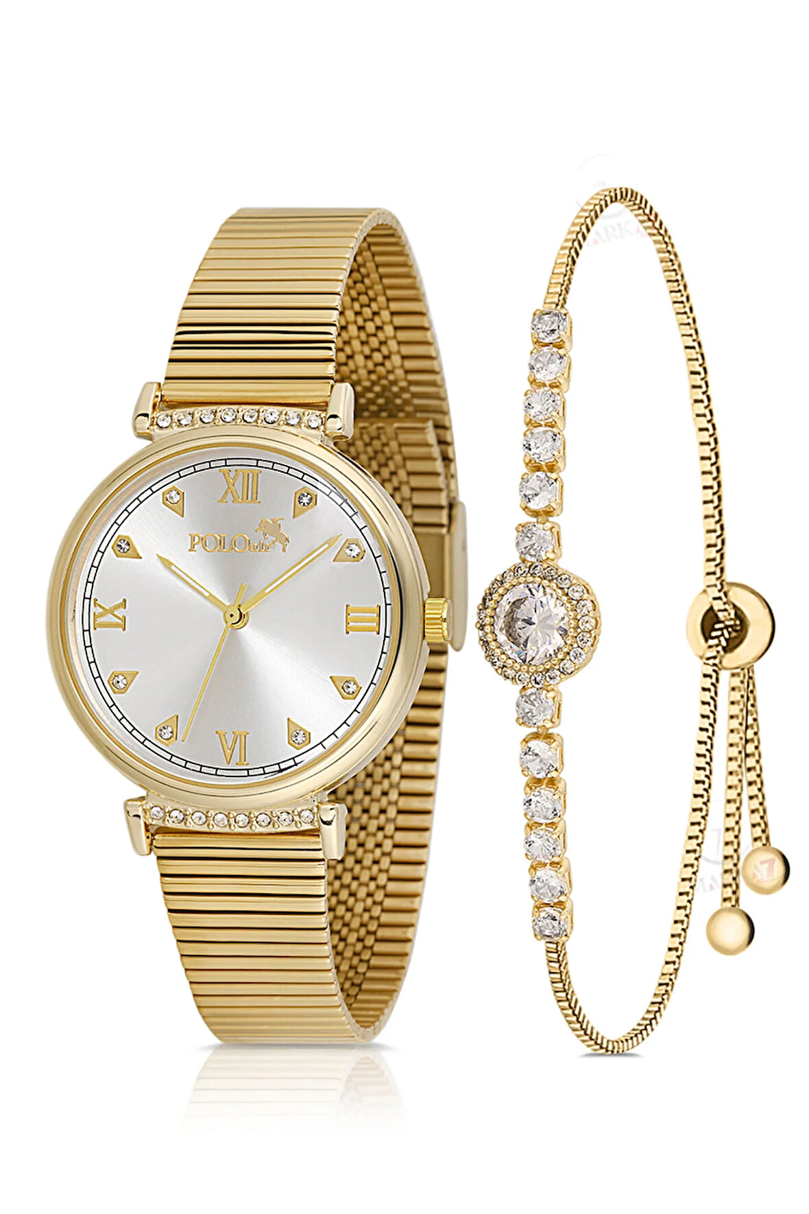 Klasik Kadın Kol Saati Zirkon Taşlı Yuvarlak Bileklik Kombin Gold Renk PL-1554B1
