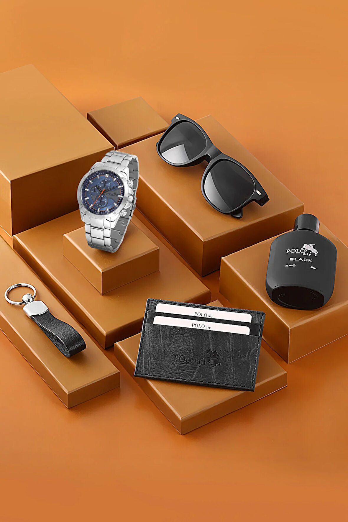 Erkek Kol Saati Gözlük Parfüm Kartlık Anahtarlık Kombin Gümüş Lacivert Renk PL-7012E2