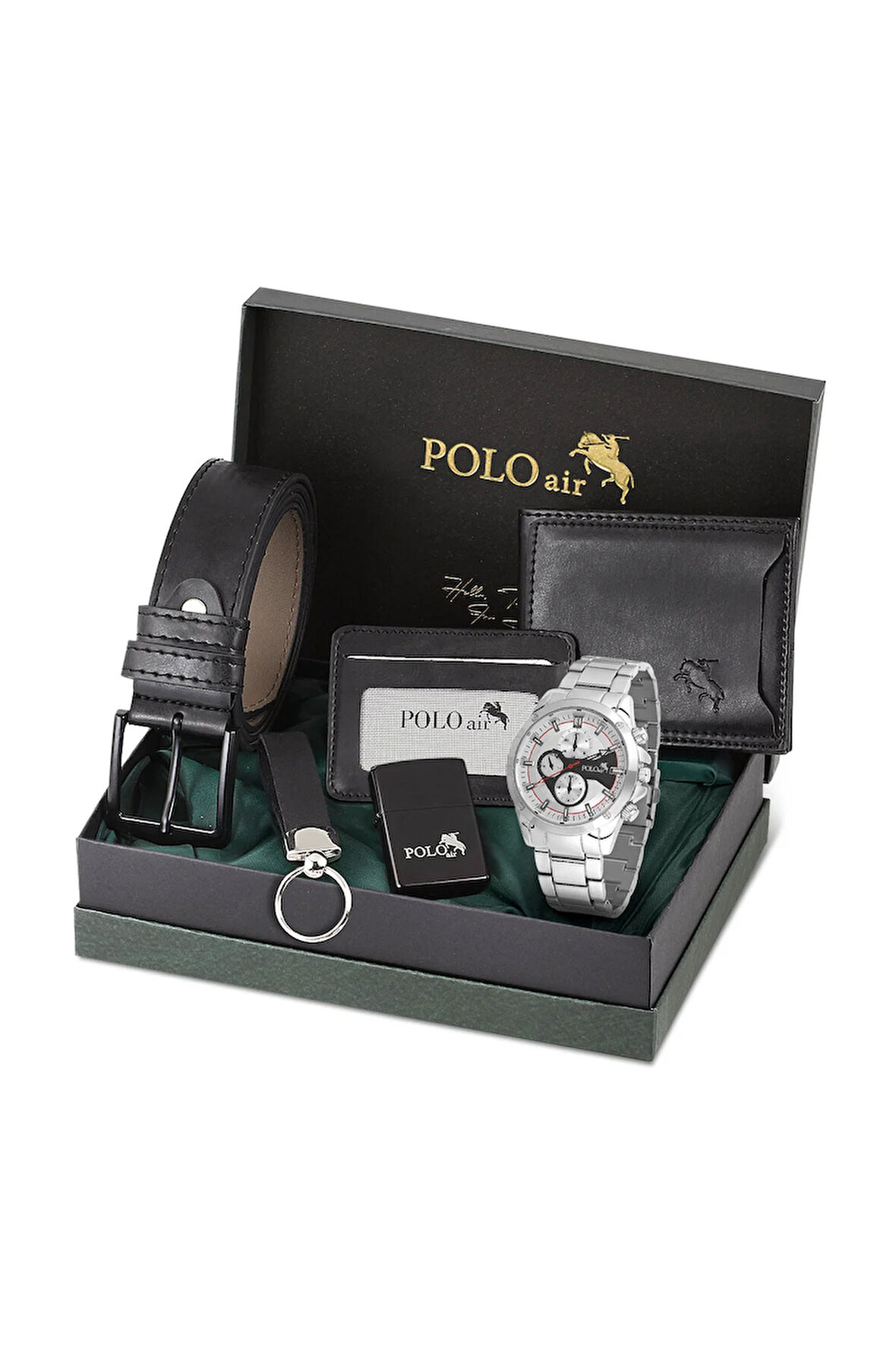 Erkek Kol Saati Cüzdan Kemer Kartlık Çakmak Anahtarlık Kombin Set Gümüş Renk PL-0993E3