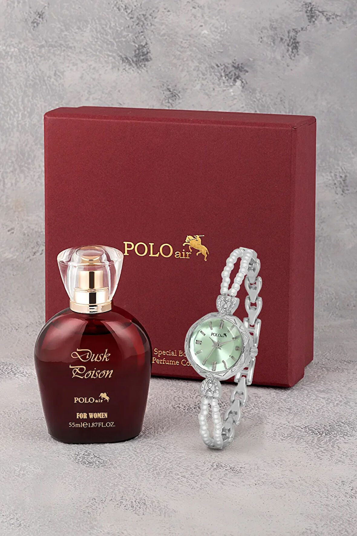 İnci Taşlı Görünümlü Kordon Kadın Kol Saati Parfüm Bordo Kutsunda Set Gümüş Yeşil Renk ST-2174S3