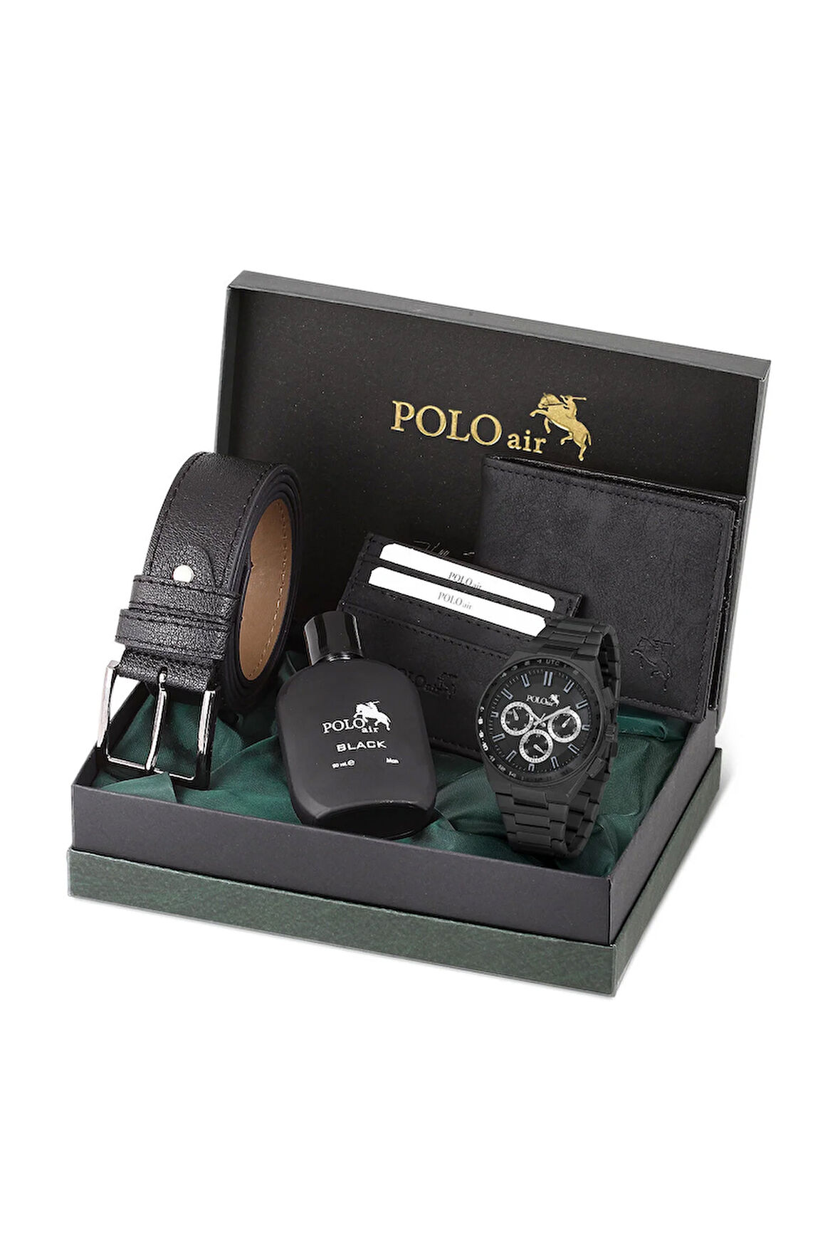 Erkek Kol Saati Cüzdan Kemer Kartlık Parfüm Kombin Set Siyah Renk PL-0990E1