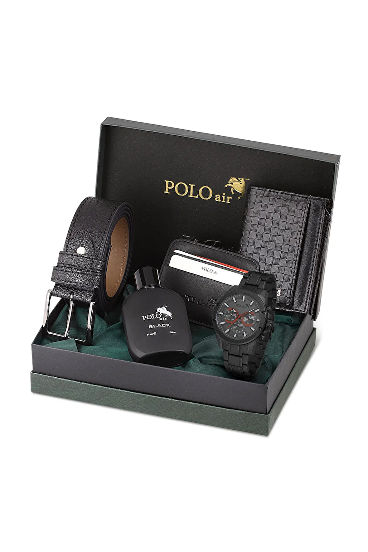 Erkek Kol Saati Dama Desen Cüzdan Kemer Kartlık Parfüm Kombin Set Siyah Renk PL-0992E1