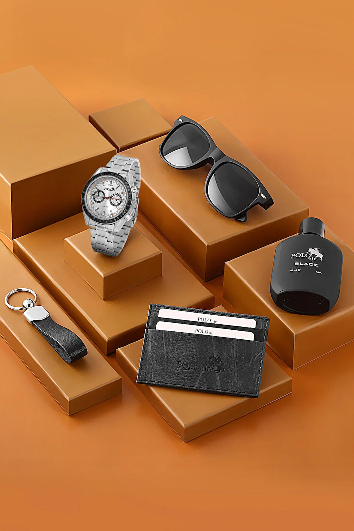 Erkek Kol Saati Gözlük Parfüm Kartlık Anahtarlık Kombin Gümüş Renk PL-7009E2