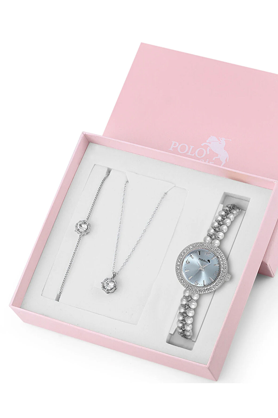 İnci Taşlı Görünümlü Kol Saati Zirkon Taşlı Yuvarlak Kolye Bileklik Set Gümüş Mavi Renk ST-2167S5