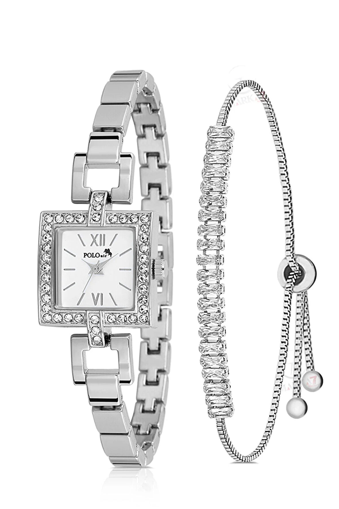 Kare Kasa Kadın Kol Saati Zirkon Taşlı Baget Bileklik Kombin Gümüş Renk PL-1544B2