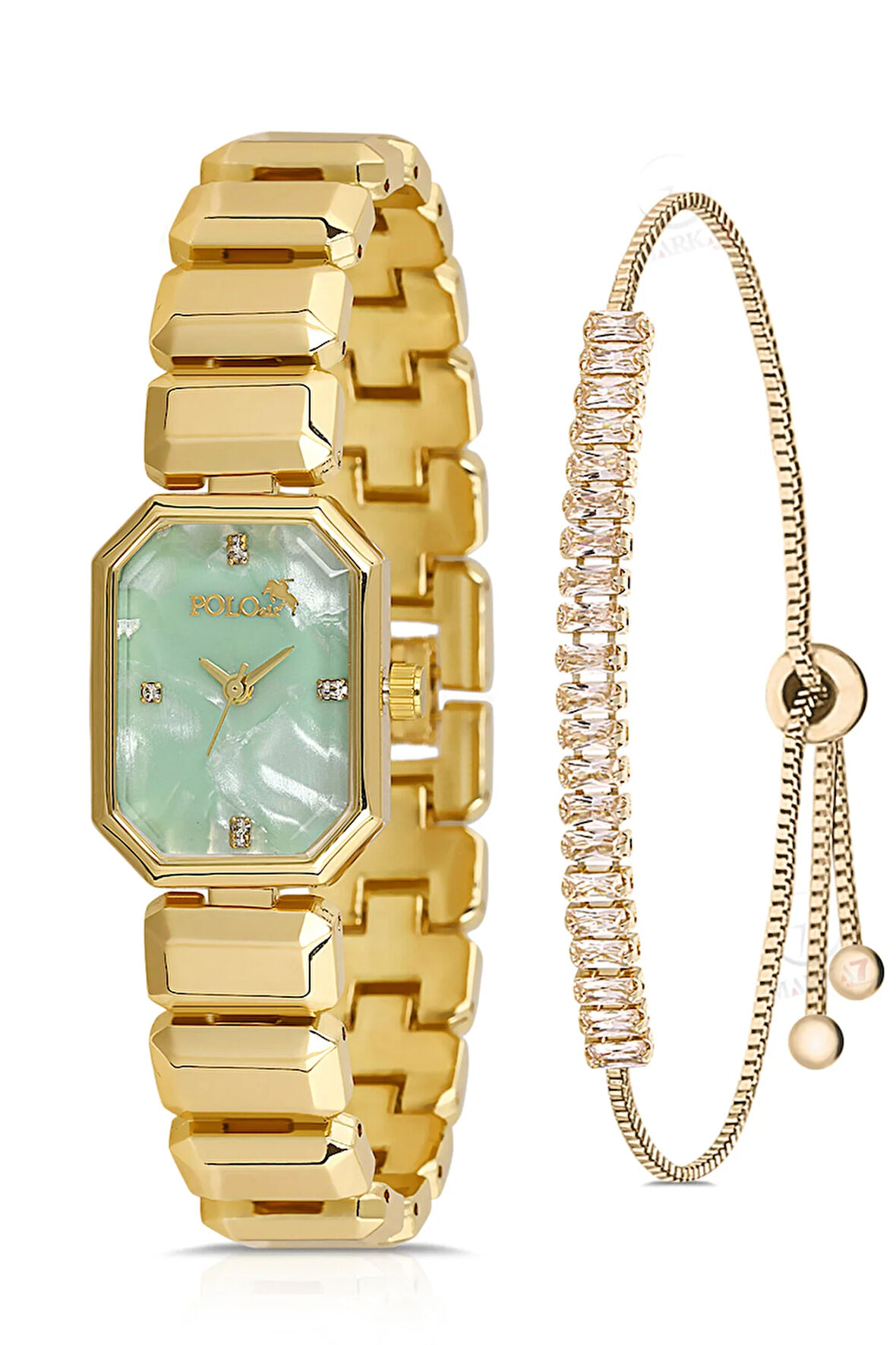 Zarif Dikdörtgen Kasa Kadın Kol Saati Zirkon Taşlı Baget Bileklik Kombin Gold Yeşil Renk PL-1532B3