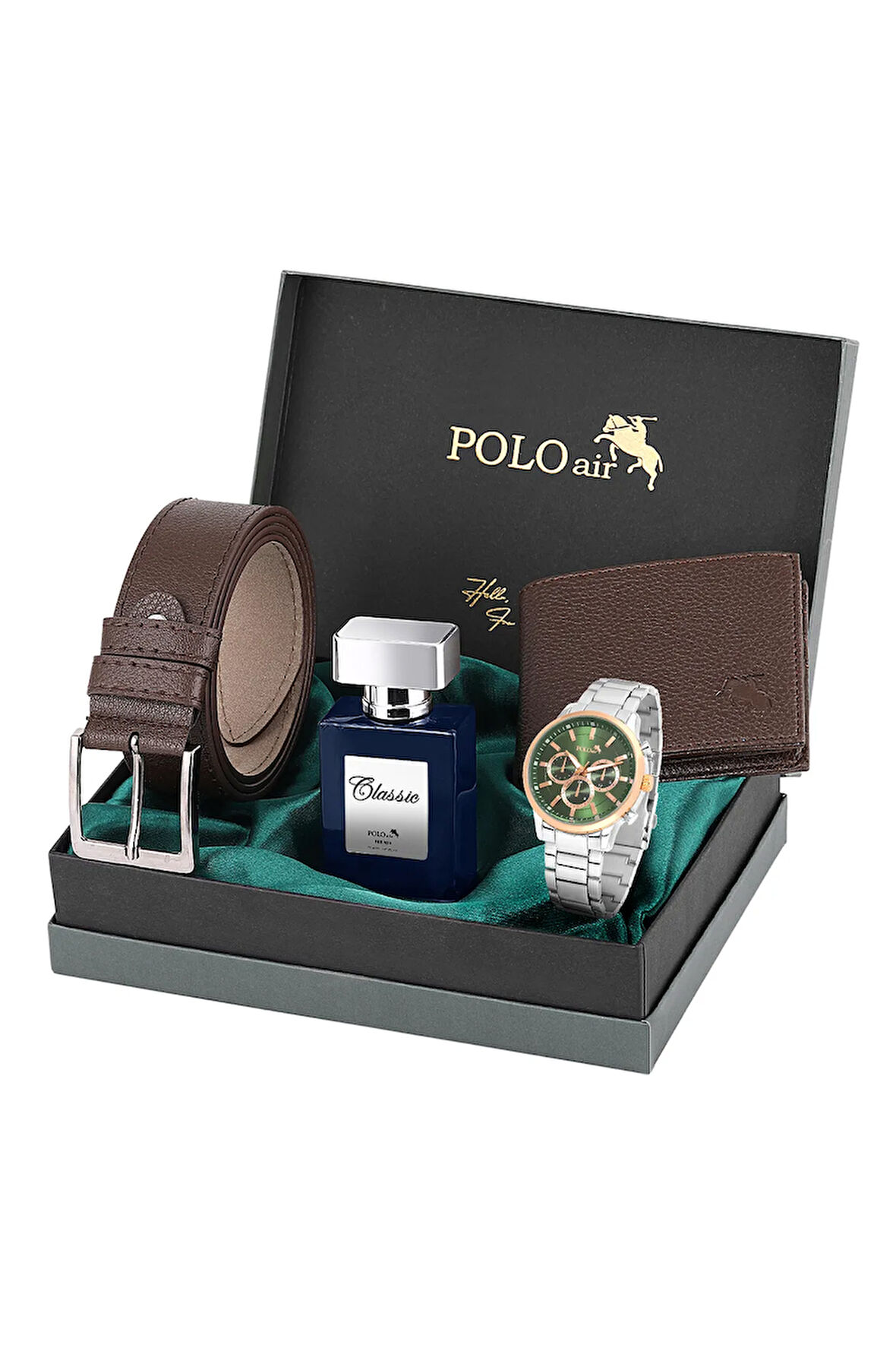 Erkek Set Kombin Kemer Cüzdan Parfüm Kol Saati Hediyelik Kutusunda Kahverengi Set PL-0968E3