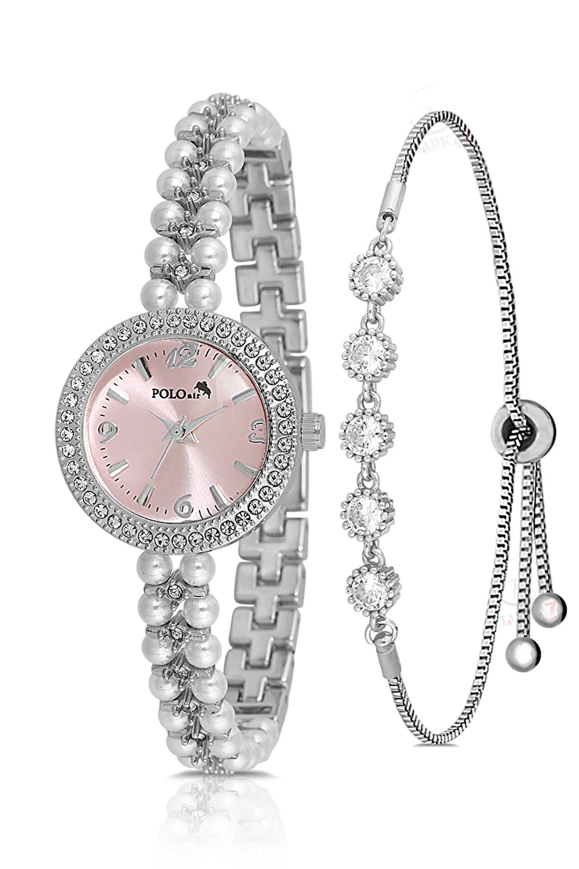 İnci Taşlı Görünümlü Kadın Kol Saati Zirkon Taşlı 5 Taş Bileklik Kombin Pembe Gümüş Renk PL-1528B4