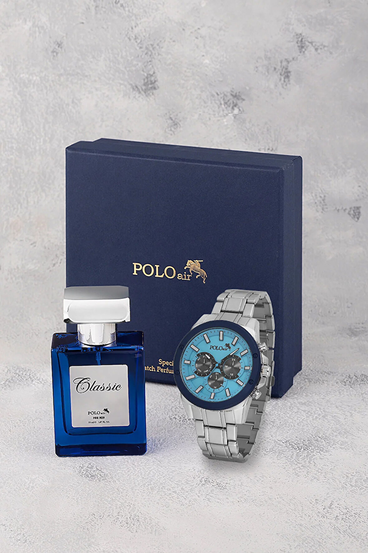 Erkek Kol Saati 55ml Parfüm Hediyelik Kutusunda Kombin Gümüş Mavi Renk PL-7010E2