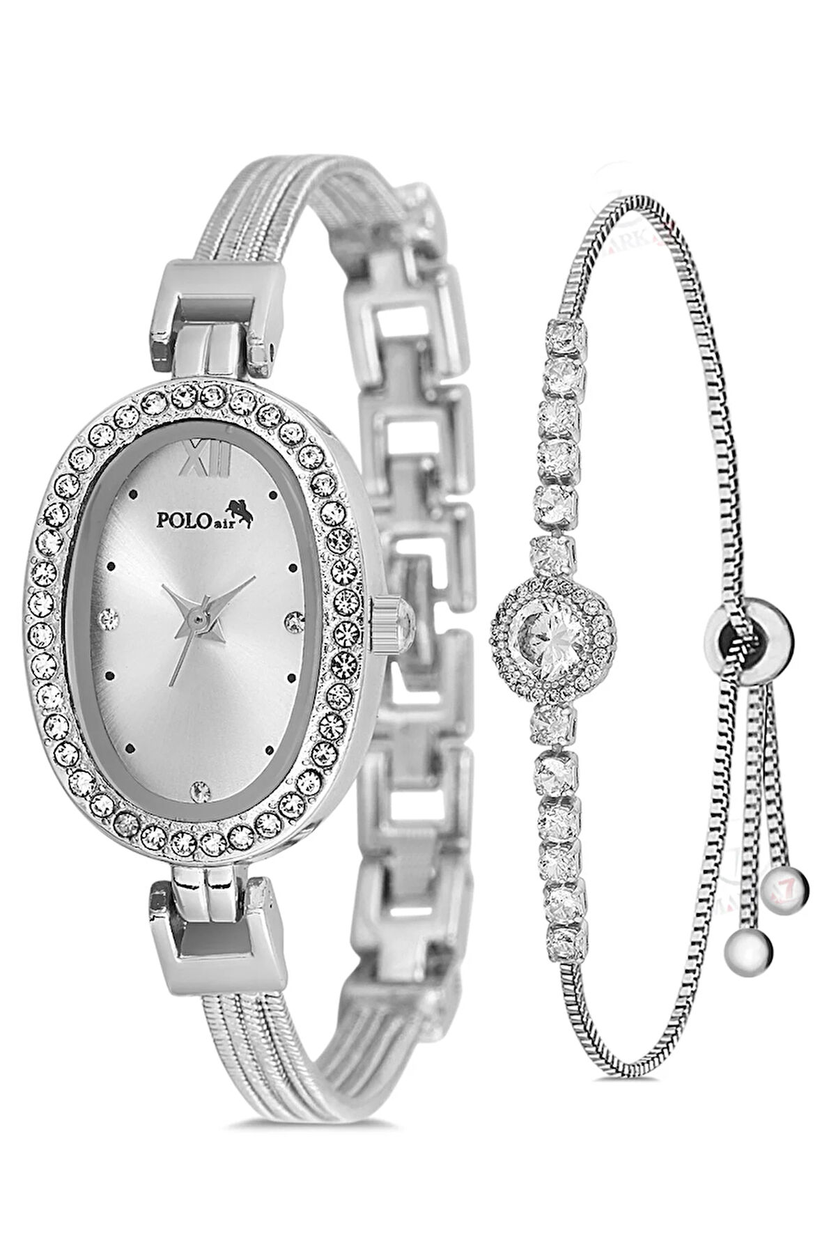 Oval Kasa Hasır Metal Kordon Kadın Kol Saati Zirkon Taşlı Yuvarlak Bileklik Gümüş Renk PL-1546B2