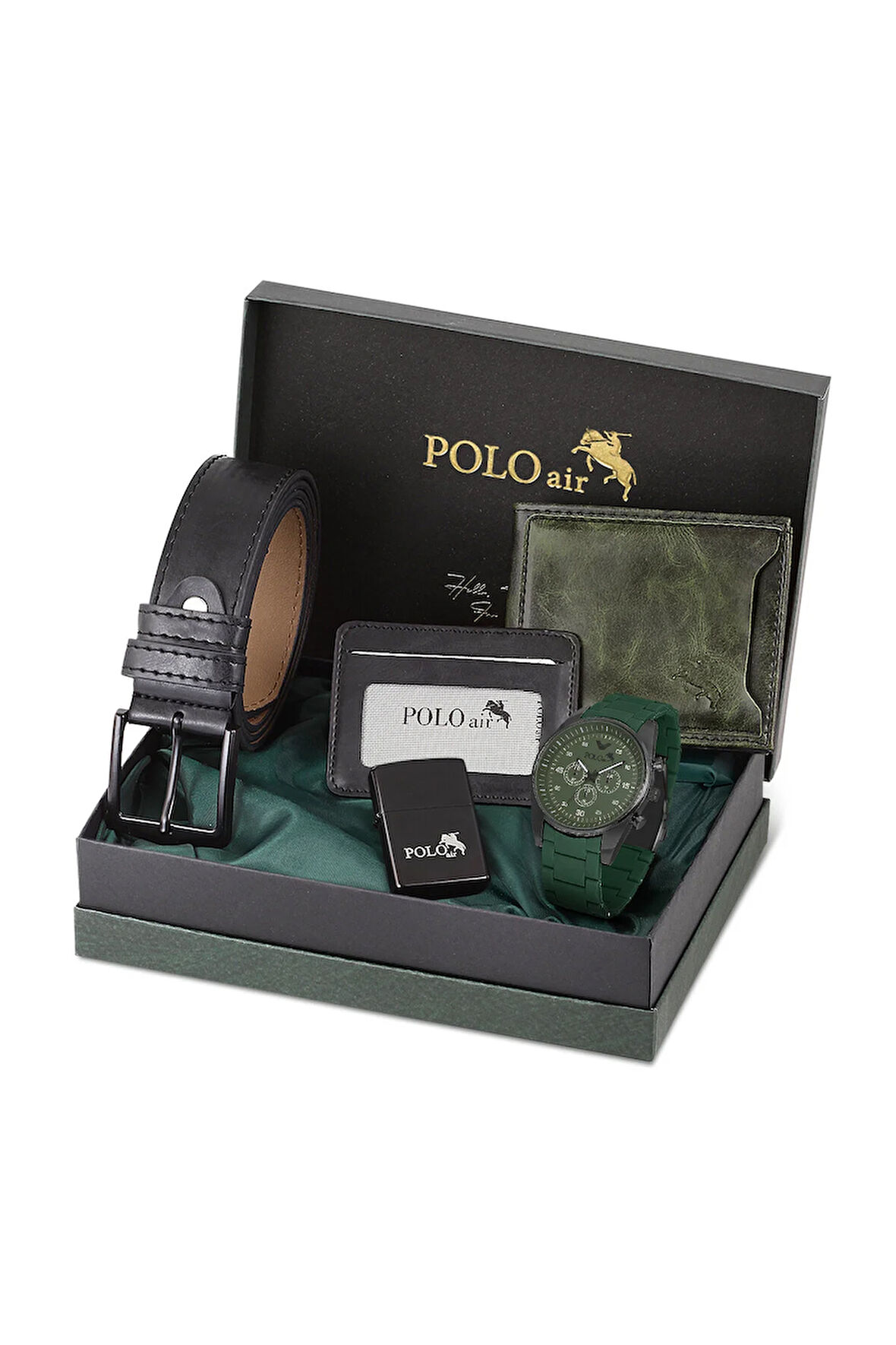 Erkek Kombin Set Cüzdan Kartlık Kemer Çakmak Erkek Saat Kol Saati Yeşil Siyah Renk PL-0981E3