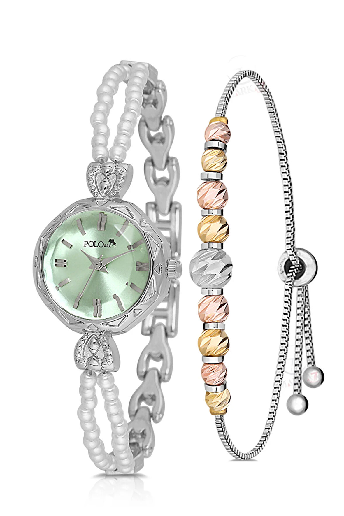 İki inci Taşlı Görünümlü Kordon Kadın Kol Saati Dorika Bileklik Kombin Gümüş Yeşil Renk PL-1531B3