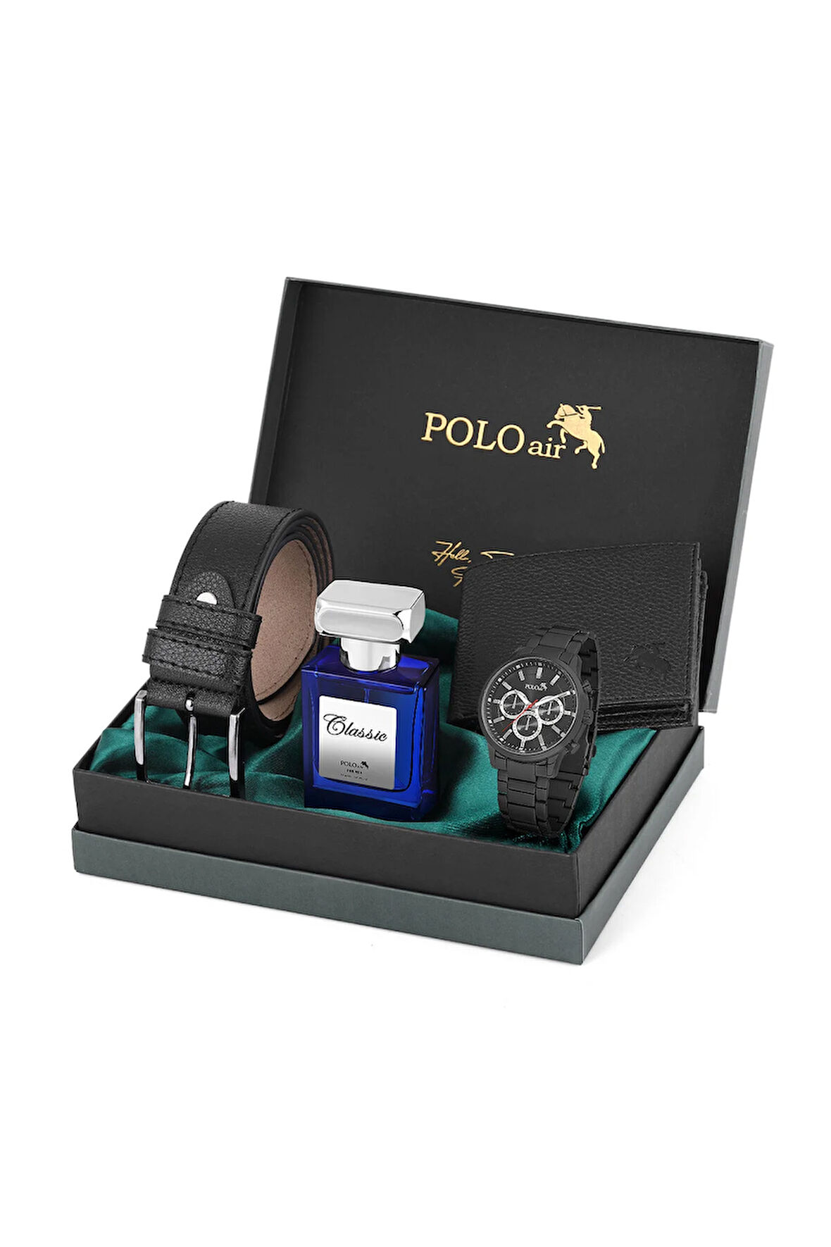 Erkek Set Kombin Kemer Cüzdan Parfüm Kol Saati Hediyelik Kutusunda Siyah Set PL-0968E1