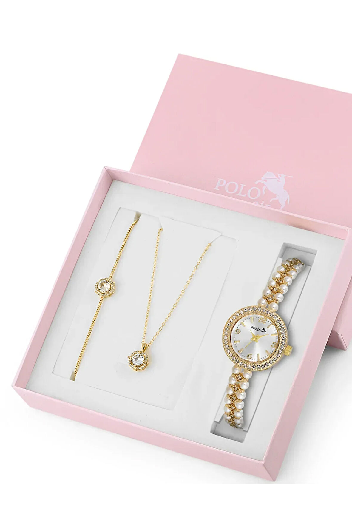 İnci Taşlı Görünümlü Kol Saati Zirkon Taşlı Yuvarlak Kolye Bileklik Set Gold Beyaz Renk ST-2167S1