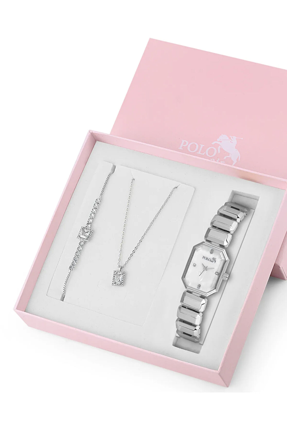 Zarif Dikdörtgen Kasa Kol Saati Zirkon Taşlı Kare Kolye Bileklik Set Gümüş Renk ST-2168S2