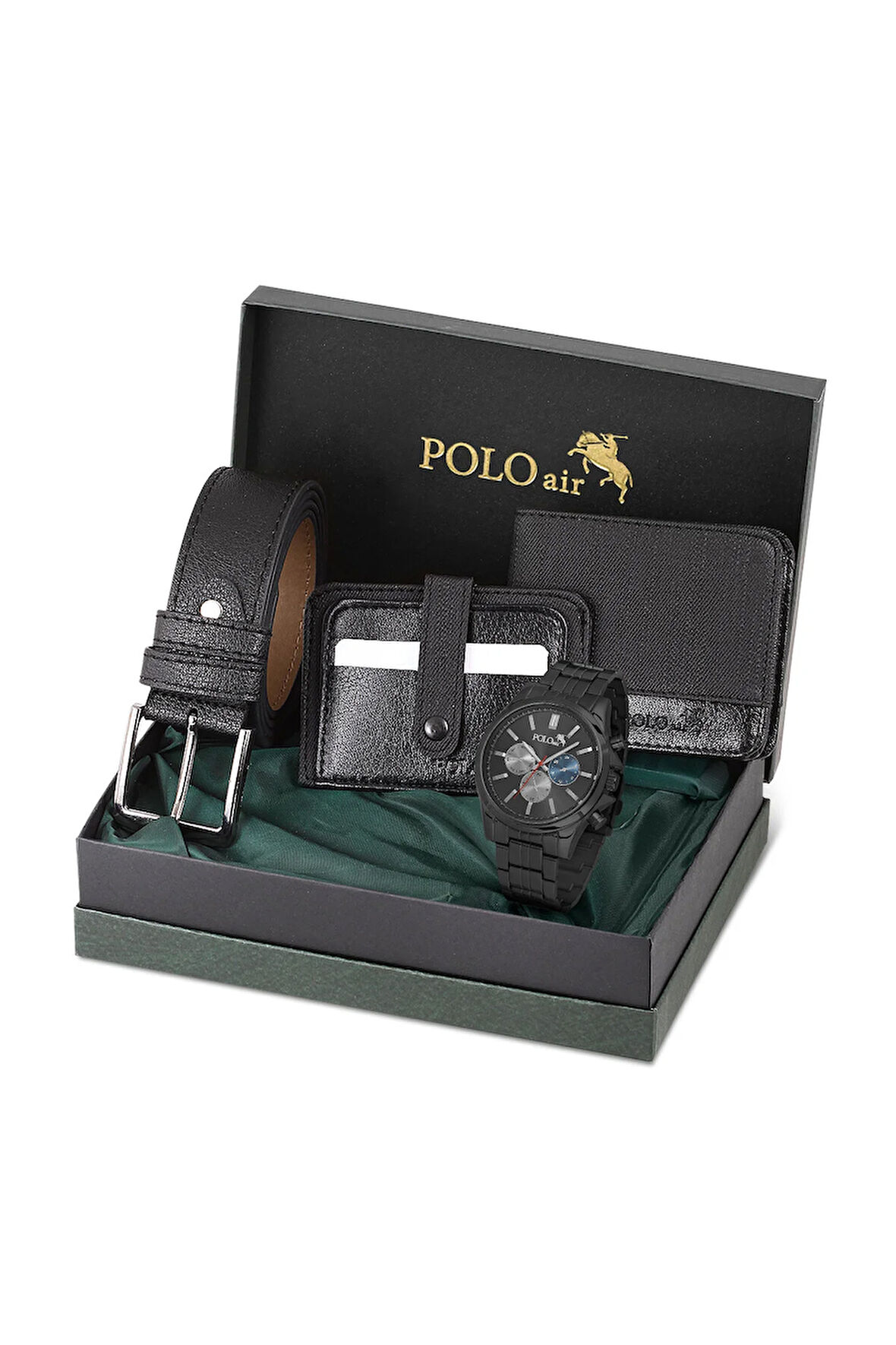 Klasik Erkek Kol Saati Cüzdan Kemer Kartlık Set Kombin Siyah Renk PL-0997E1