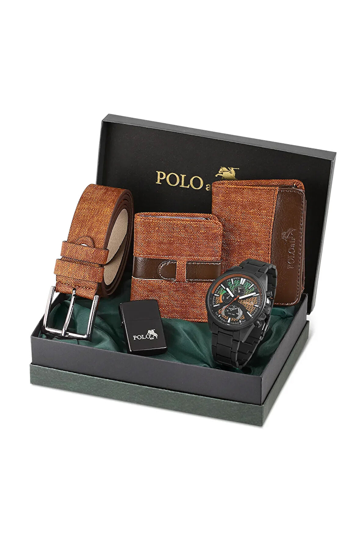 Hediyelik Kutusunda Erkek Set Kombin Kemer Cüzdan Kartlık Çakmak Kol Saati Taba Set PL-0967E3
