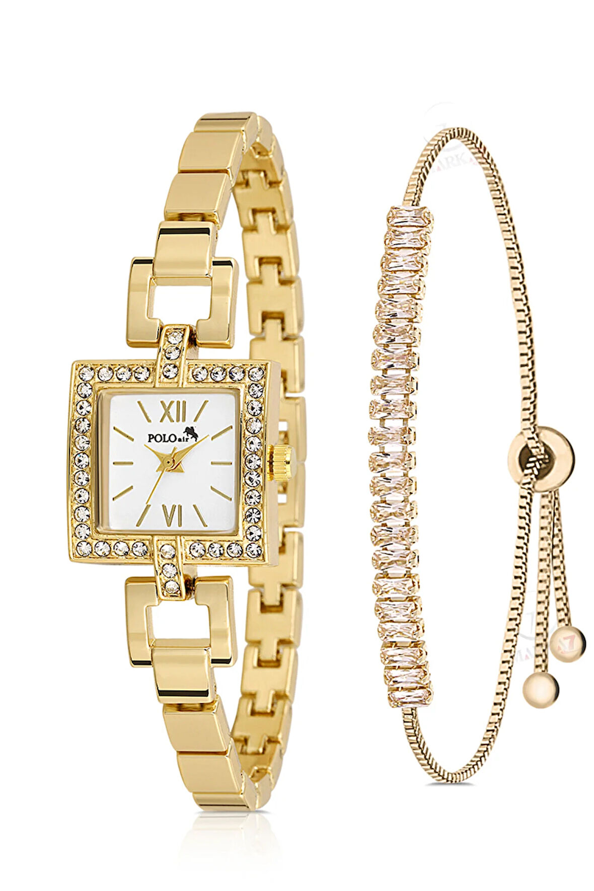 Kare Kasa Kadın Kol Saati Zirkon Taşlı Baget Bileklik Kombin Gold Renk PL-1544B1