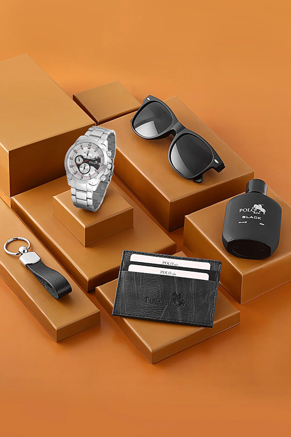 Erkek Kol Saati Gözlük Parfüm Kartlık Anahtarlık Kombin Gümüş Renk PL-7012E3