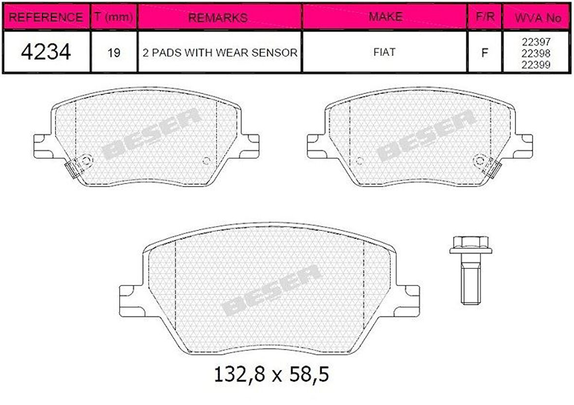 Fiat On Fren Balatası Fiat Egea 1.3 / 1.4 / 1.6d Multıjet 15> - Beser 4234
