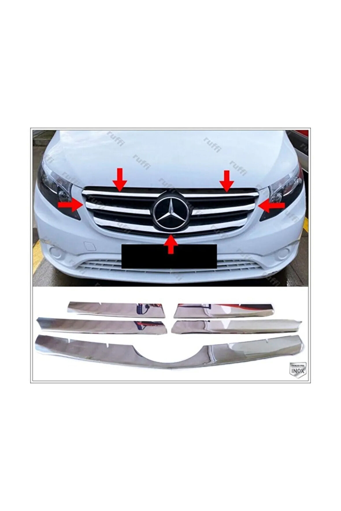 Mercedes Vito W447 Krom Ön Panjur 5 Prç 2020-2023 Geniş Model Paslanmaz Çelik