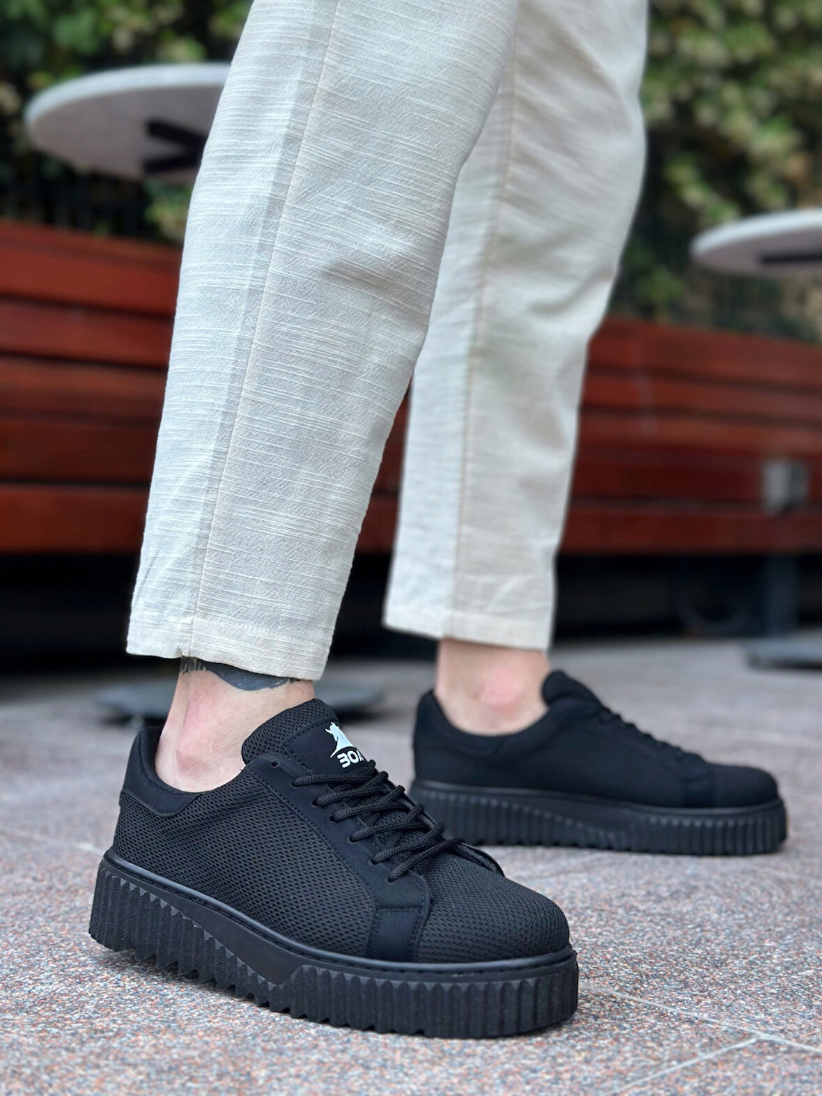 ET0803 Yüksek Siyah Taban Triko Siyah Erkek Ayakkabı