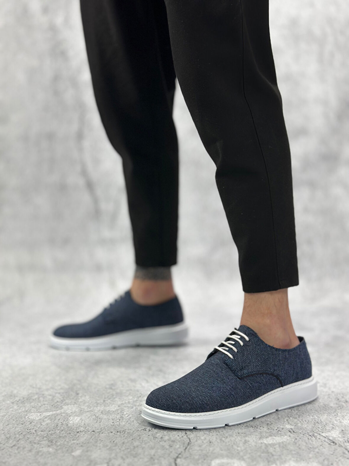 ET0003 Bağcıklı Klasik Spor Keten Lacivert  Beyaz Taban Casual Erkek Ayakkabı