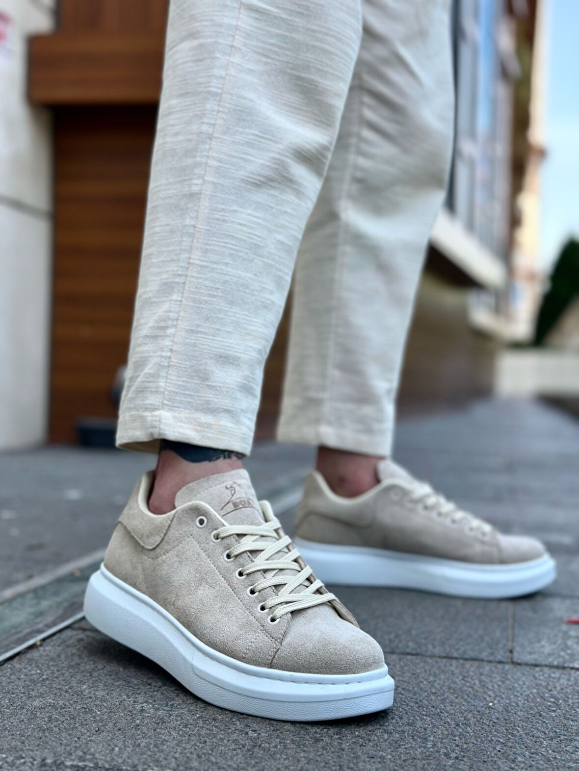 ET0547 Kalın Yüksek Taban Krem Süet Bağcıklı Spor Erkek Ayakkabı