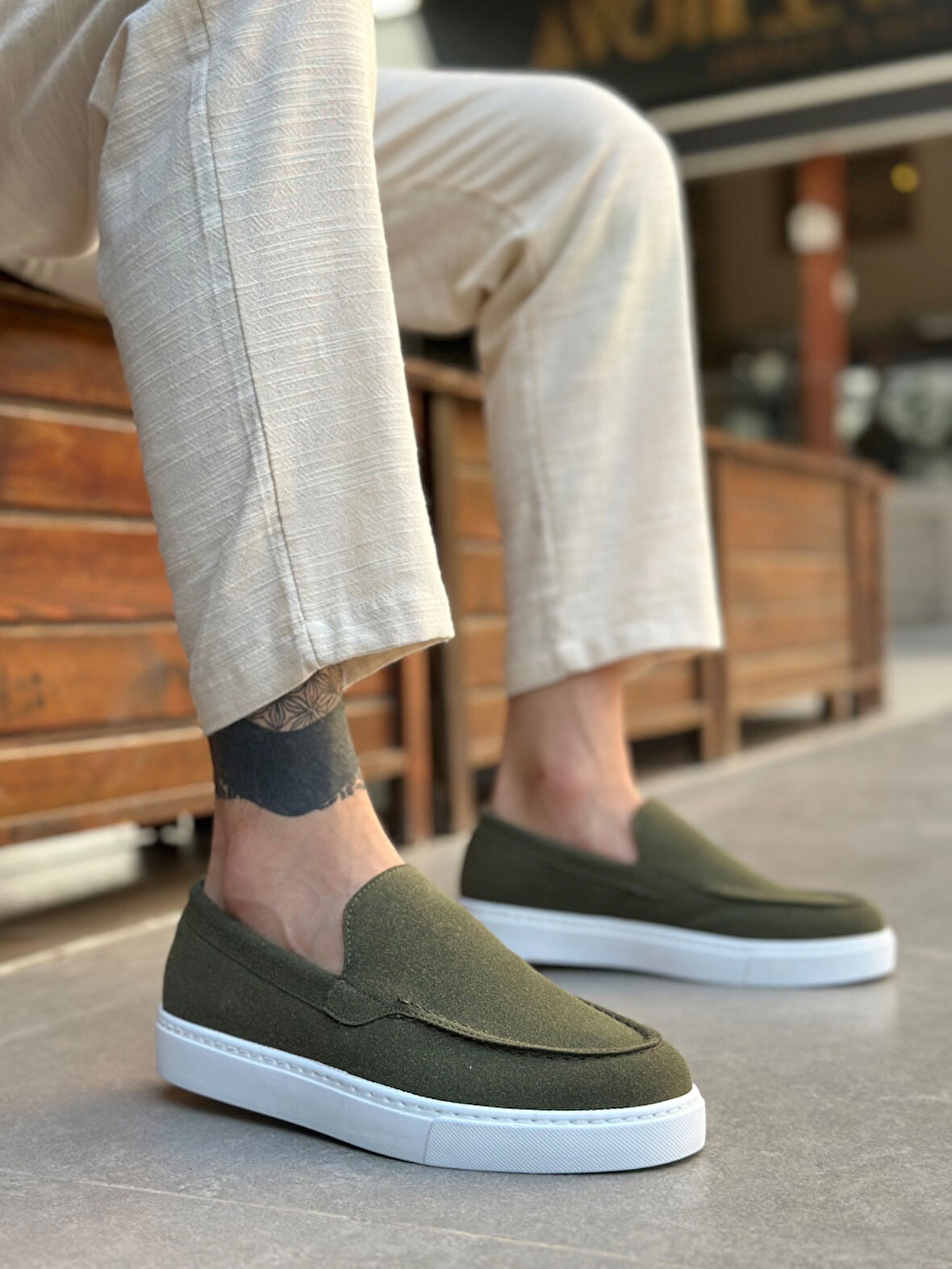 ET0241 Bağcıksız Yüksek Taban Haki Süet Erkek Ayakkabı