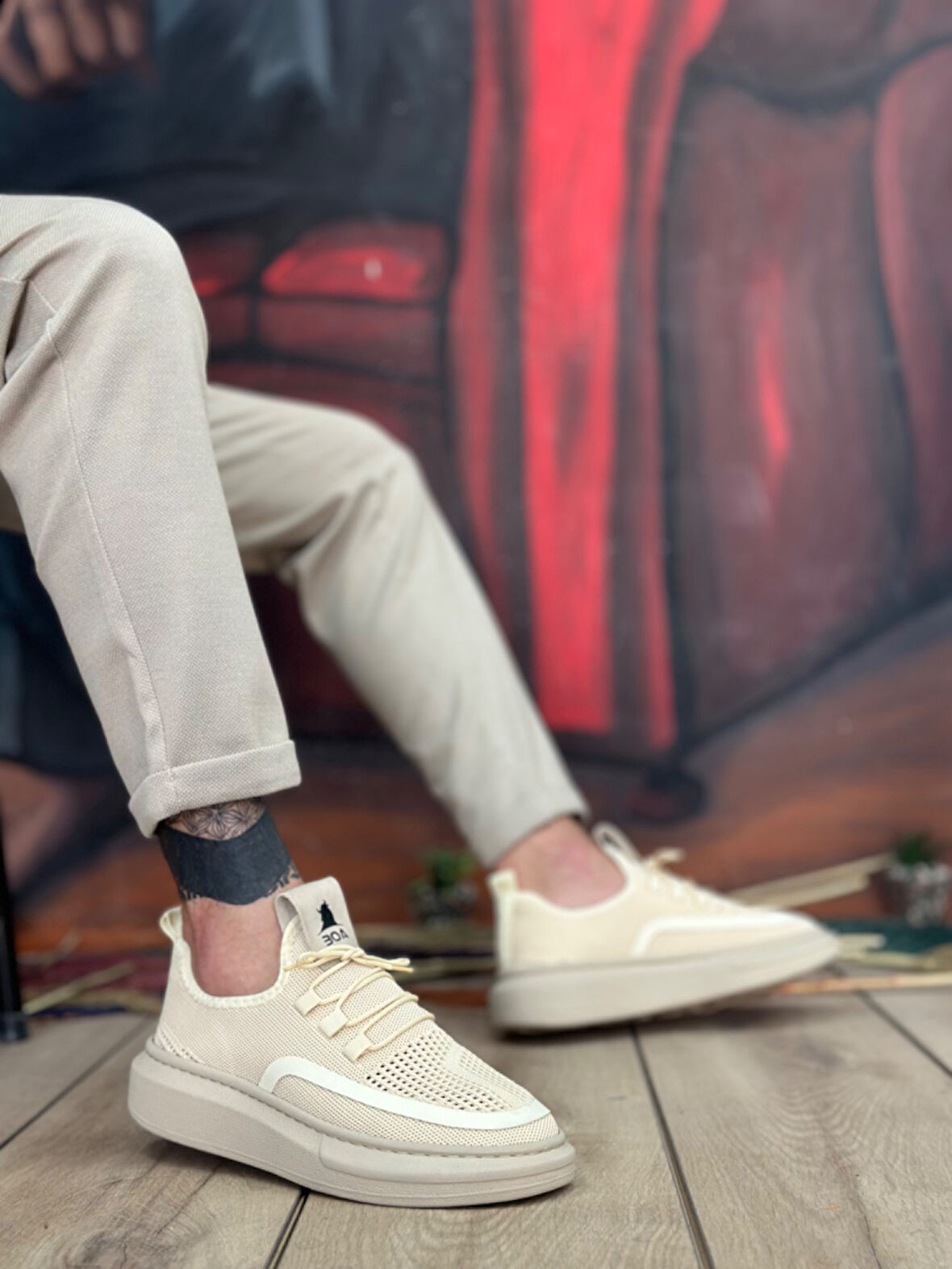 ET0375 Özel Örme Triko Tarz Krem Renk Spor Ayakkabı