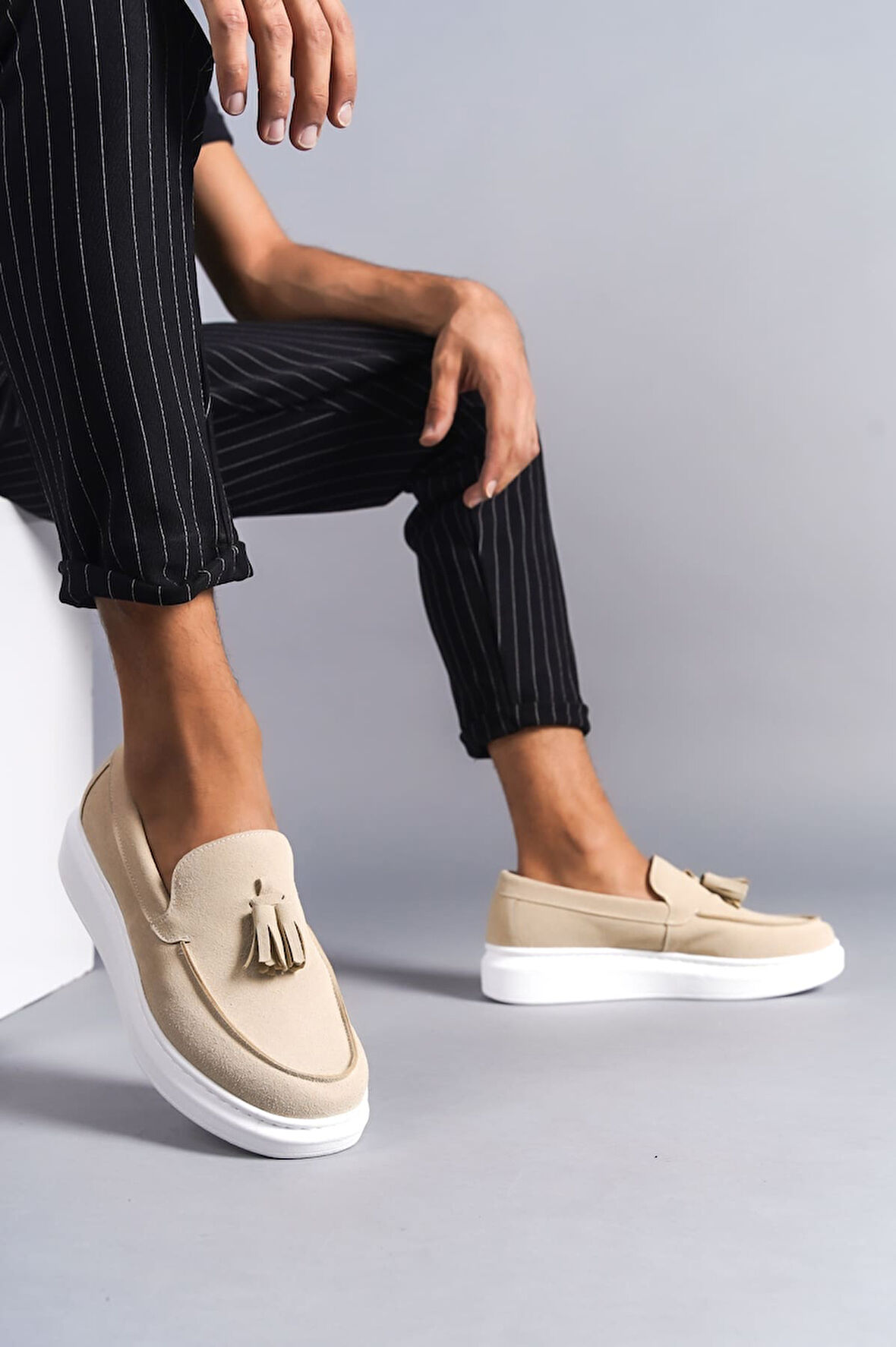 ET154 Blaze Bağcıksız Püsküllü Süet Erkek Günlük Spor Klasik Ayakkabı BT - Krem