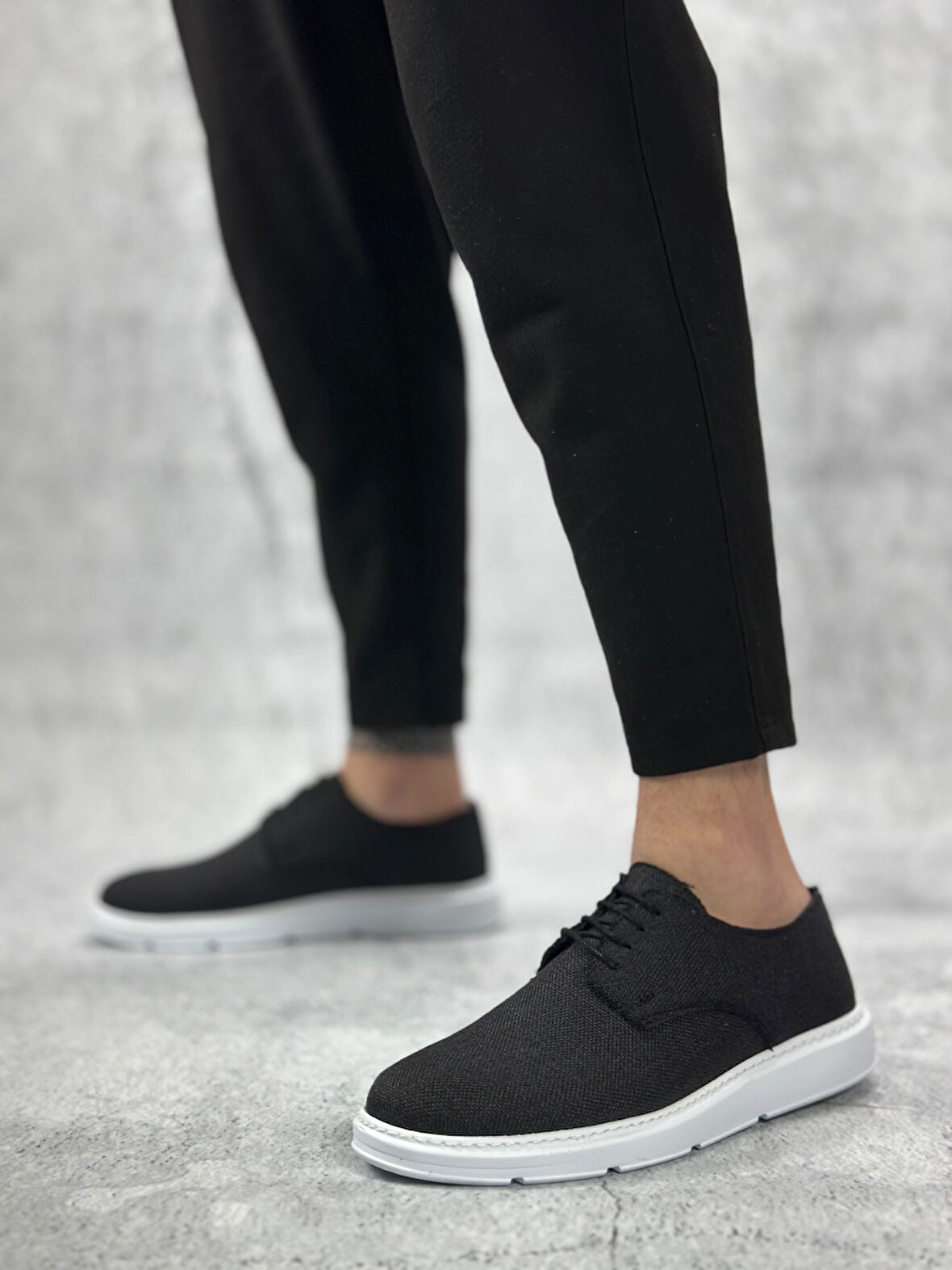 ET0003 Bağcıklı Klasik Spor Keten Siyah Beyaz Taban Casual Erkek Ayakkabı