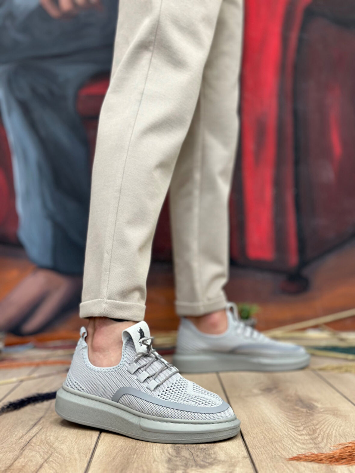 ET0375 Özel Örme Triko Tarz Gri Renk Spor Ayakkabı