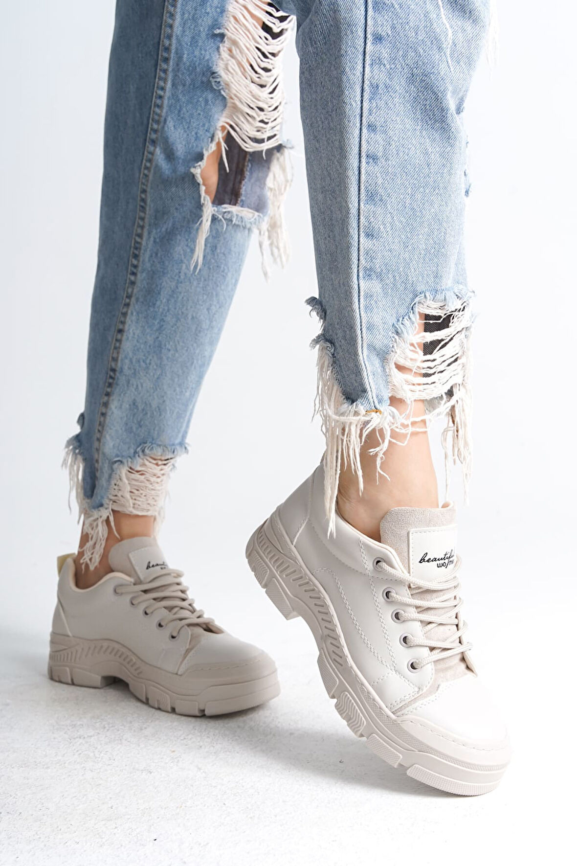 JET-JANE Bağcıklı Ortopedik Taban Kadın Sneaker Spor Ayakkabı  CKT - Krem