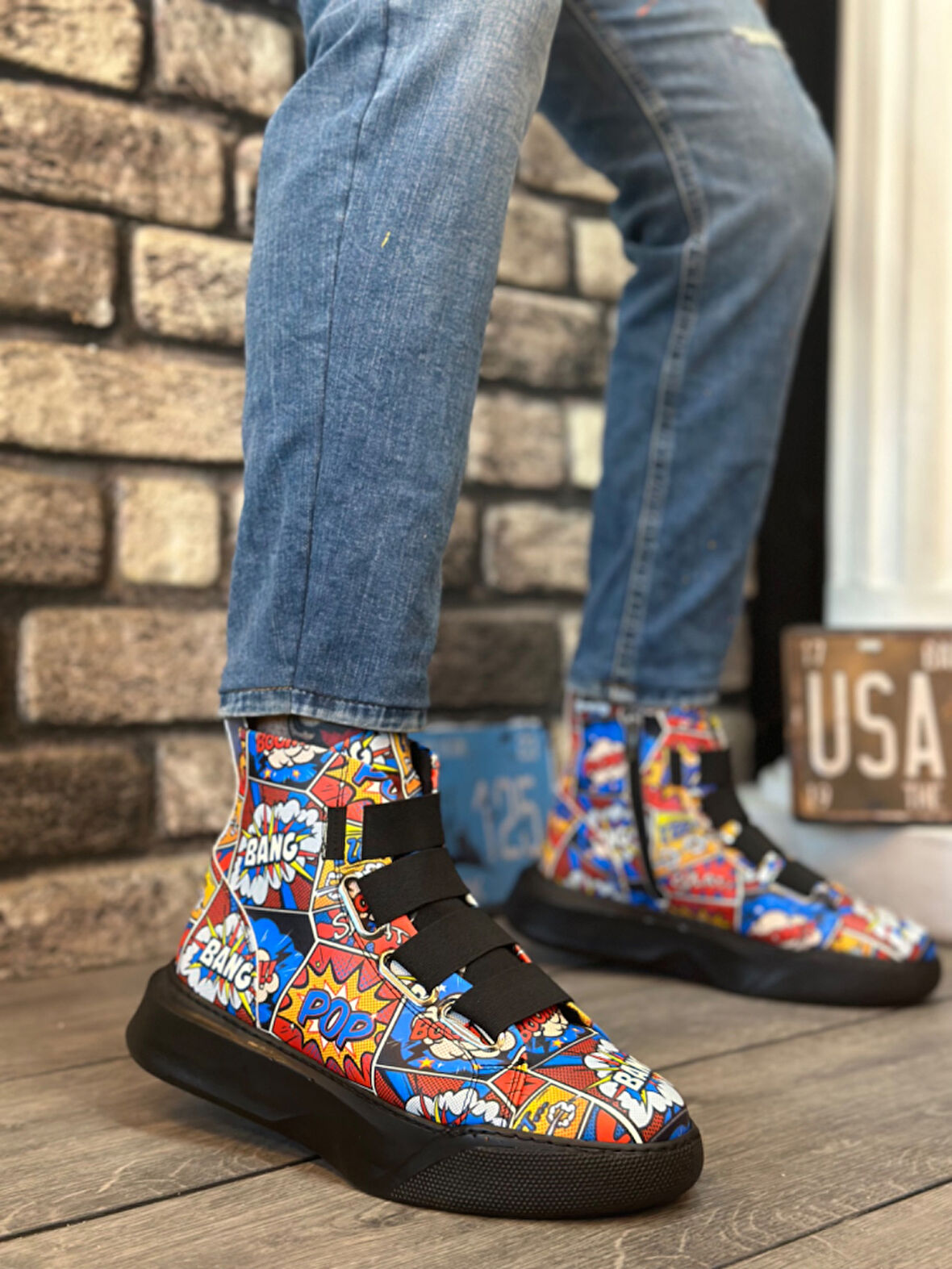 ET0142 Bantlı Erkek Yüksek Taban Popart Model Spor Bot