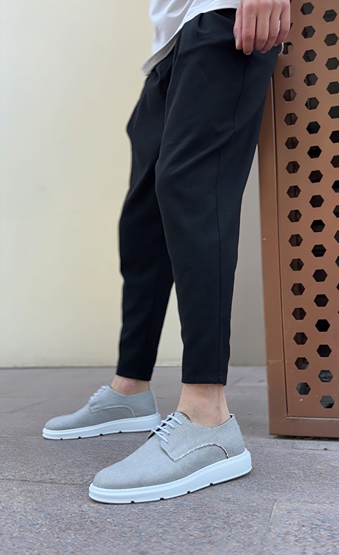 ET0003 Bağcıklı Klasik Spor Gri Renk Keten Yüksek Taban Casual Erkek Ayakkabı