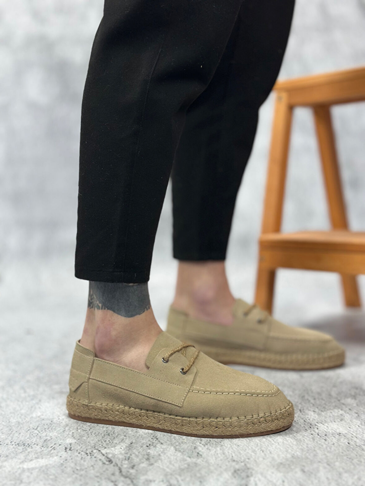 ET0358 Doğal Deri Tozu Bağcıklı Kauçuk El Yapımı Espadril Taban Bej Renk Erkek Ayakkabı