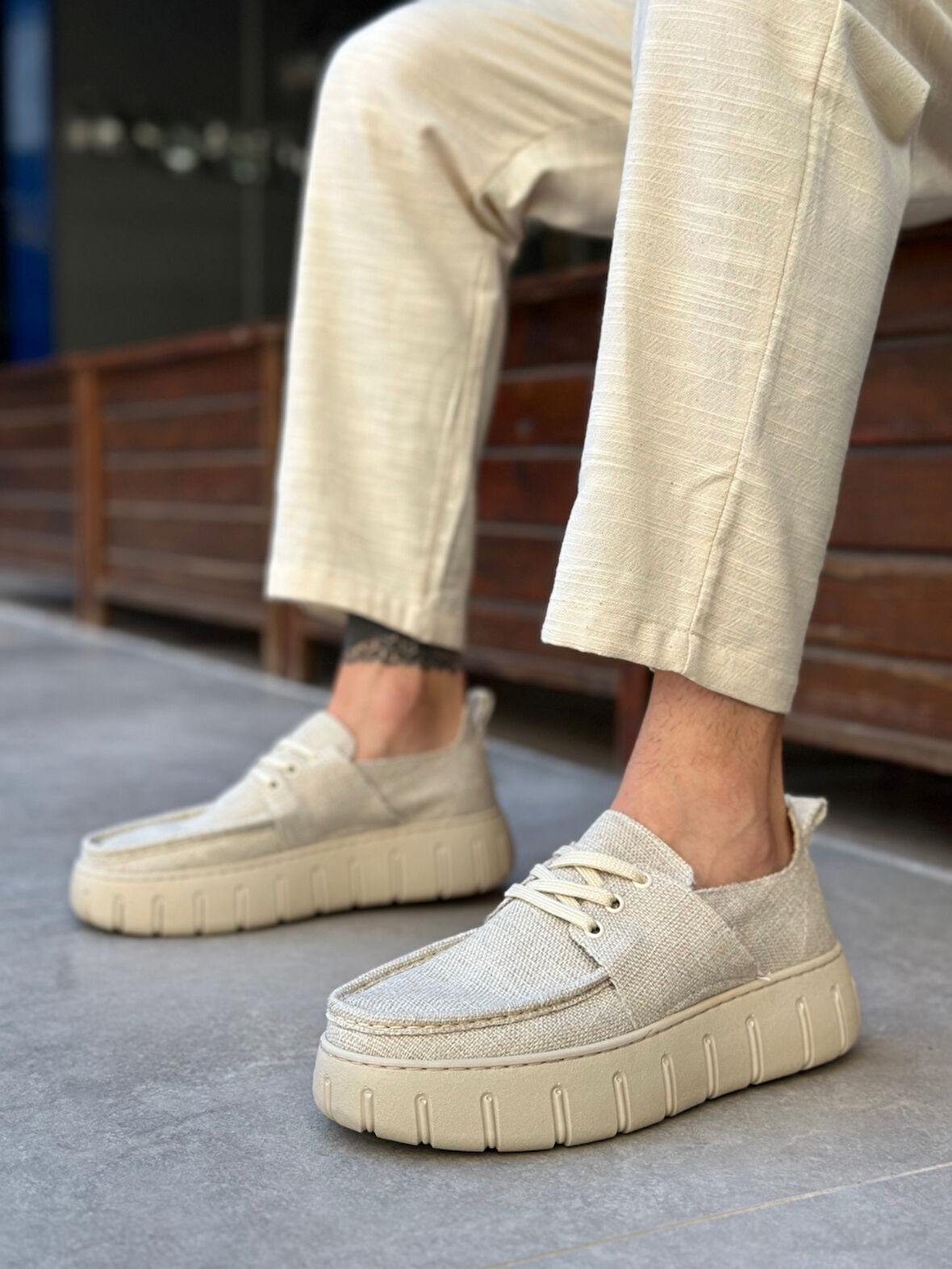 ET0676 Krem Keten Yüksek Taban Erkek Yazlık Ayakkabı