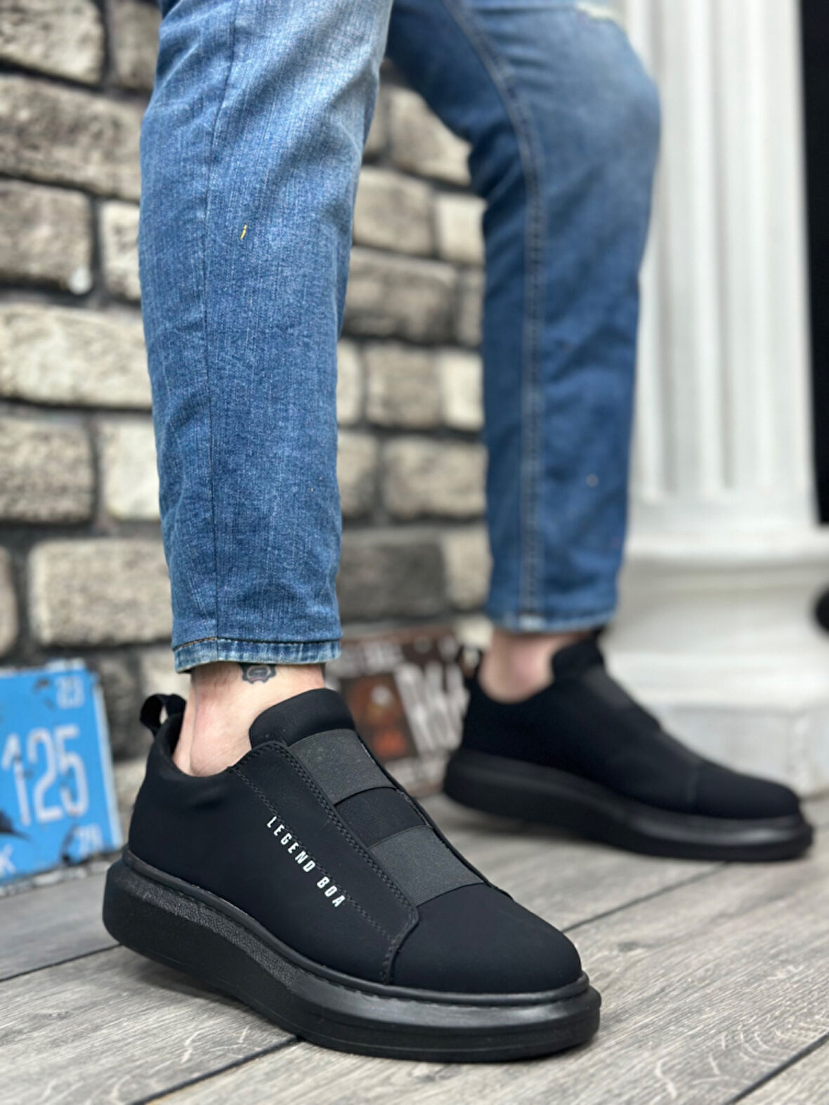 ET0307 Kalın Yüksek Taban Çift Bant Siyah Erkek Ayakkabı