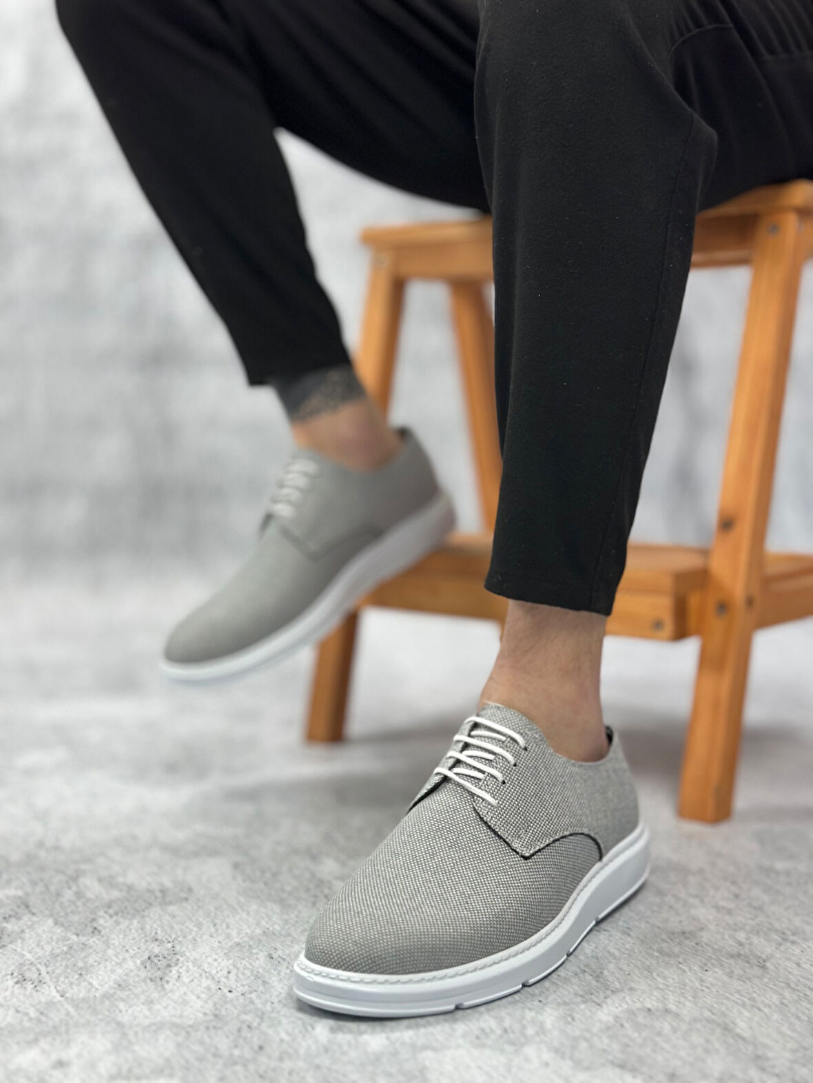 ET0003 Bağcıklı Klasik Spor Koyu Gri Renk Keten Yüksek Taban Casual Erkek Ayakkabı