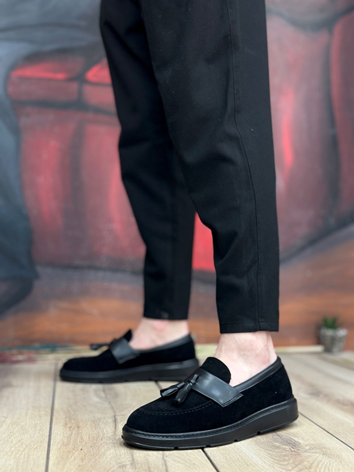 ET0005 Bağcıksız Yüksek Taban Siyah Kemerli Klasik Püsküllü Corcik Erkek Ayakkabı