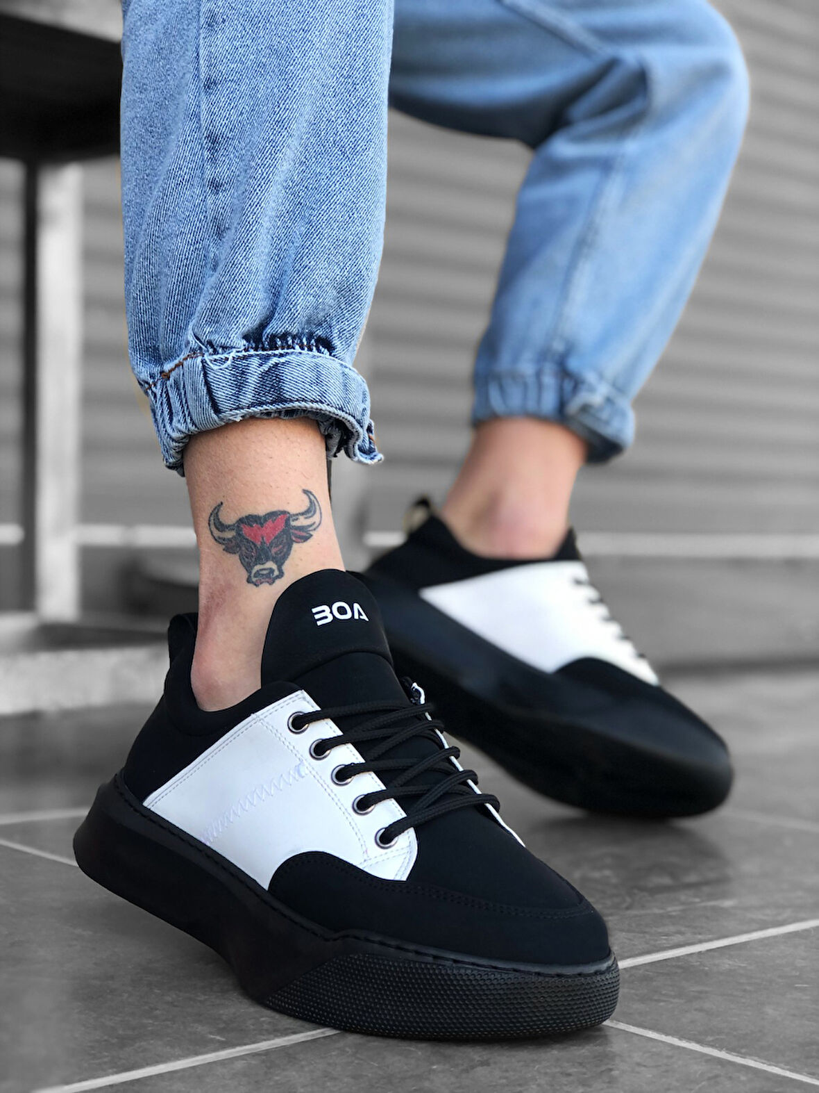 ET0163 Bağcıklı Erkek Yüksek Taban Siyah Beyaz Spor Ayakkabı