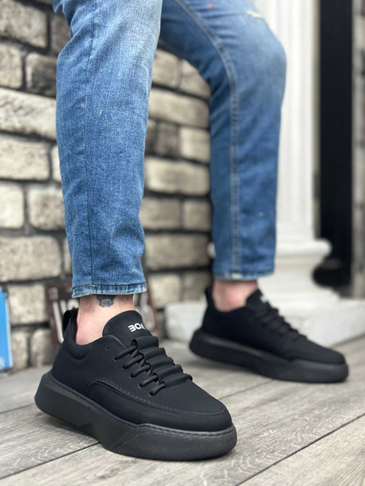 ET0332 Merdiven Desen Bağcıklı Erkek Yüksek Taban Siyah Cilt Siyah Taban Spor Ayakkabı