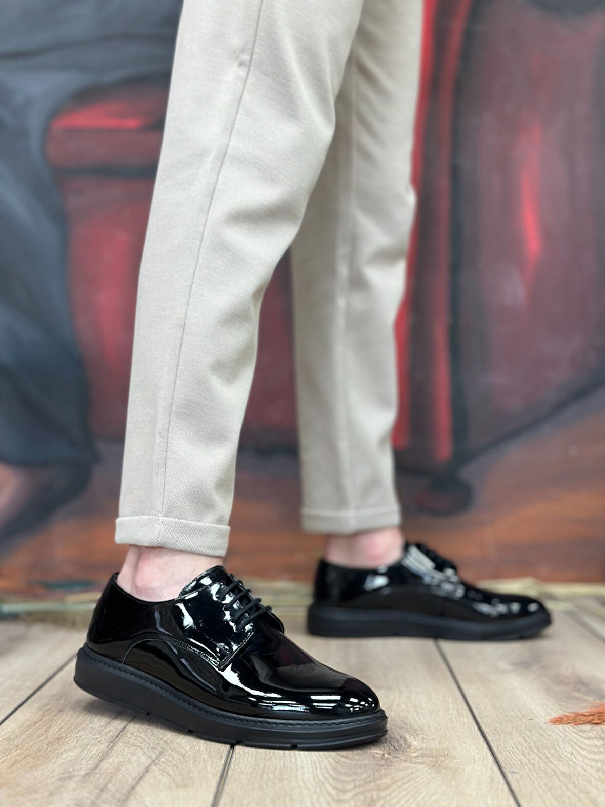 ET0003 Bağcıklı Klasik  Siyah Siyah Taban Rugan Yüksek Taban Casual Erkek Ayakkabı