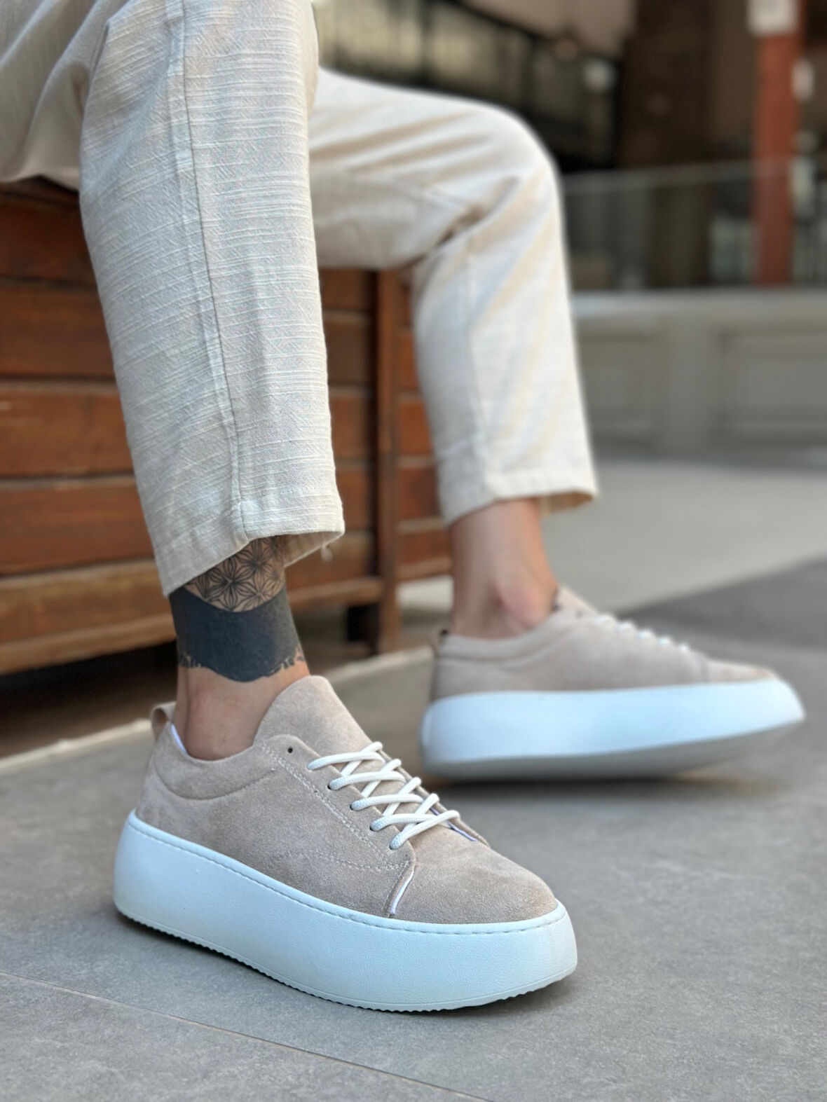 ET11 Bağcıklı Erkek Yüksek Taban İthal Süet Krem Spor Ayakkabı