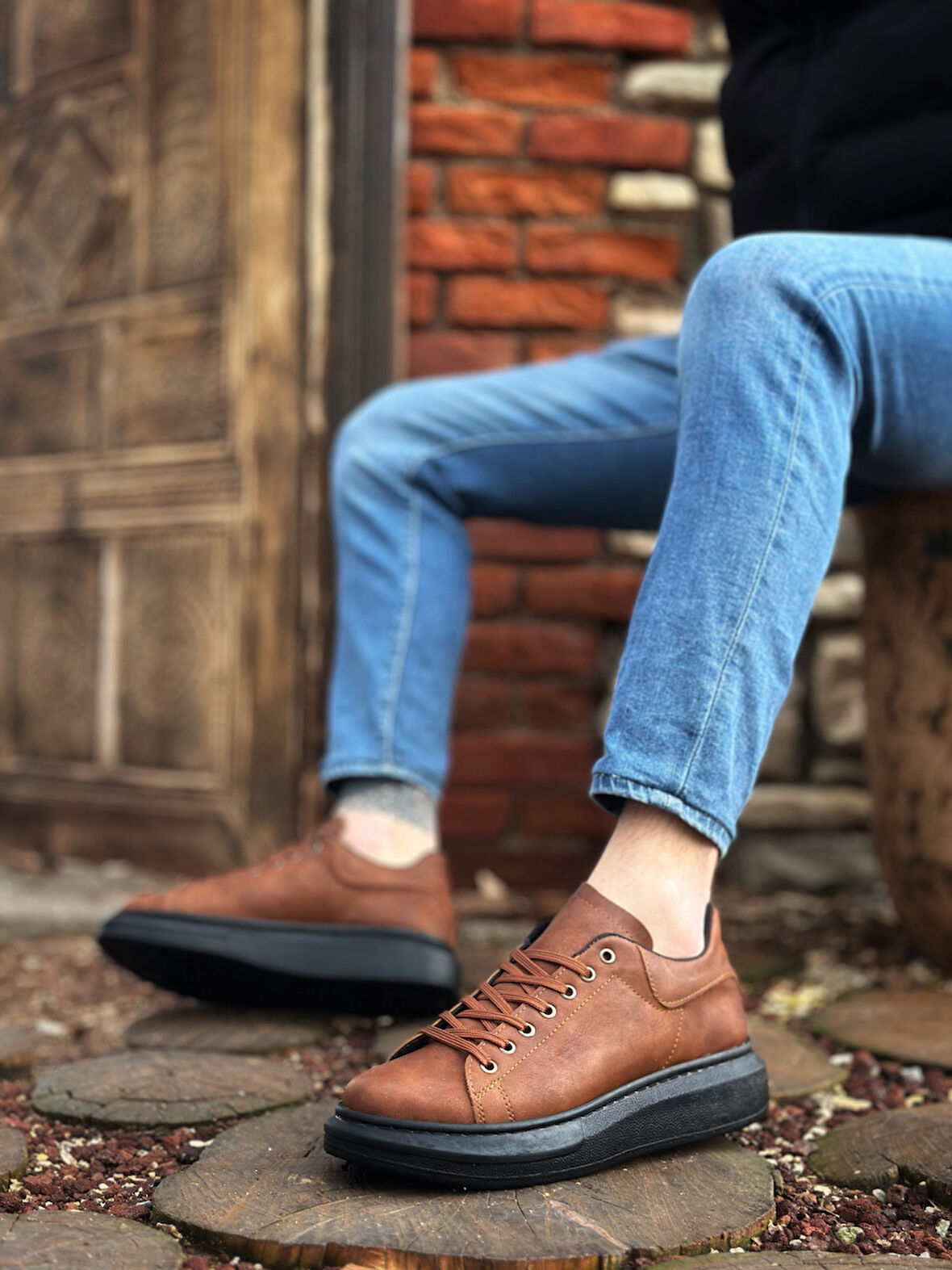 ET0547 Kalın Yüksek Taban Taba Siyah Bağcıklı Spor Erkek Ayakkabı