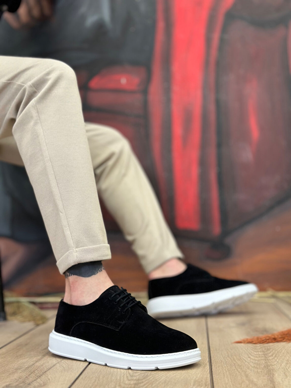 ET0003 Bağcıklı Klasik Spor Süet Siyah Beyaz Yüksek Taban Casual Erkek Ayakkabı