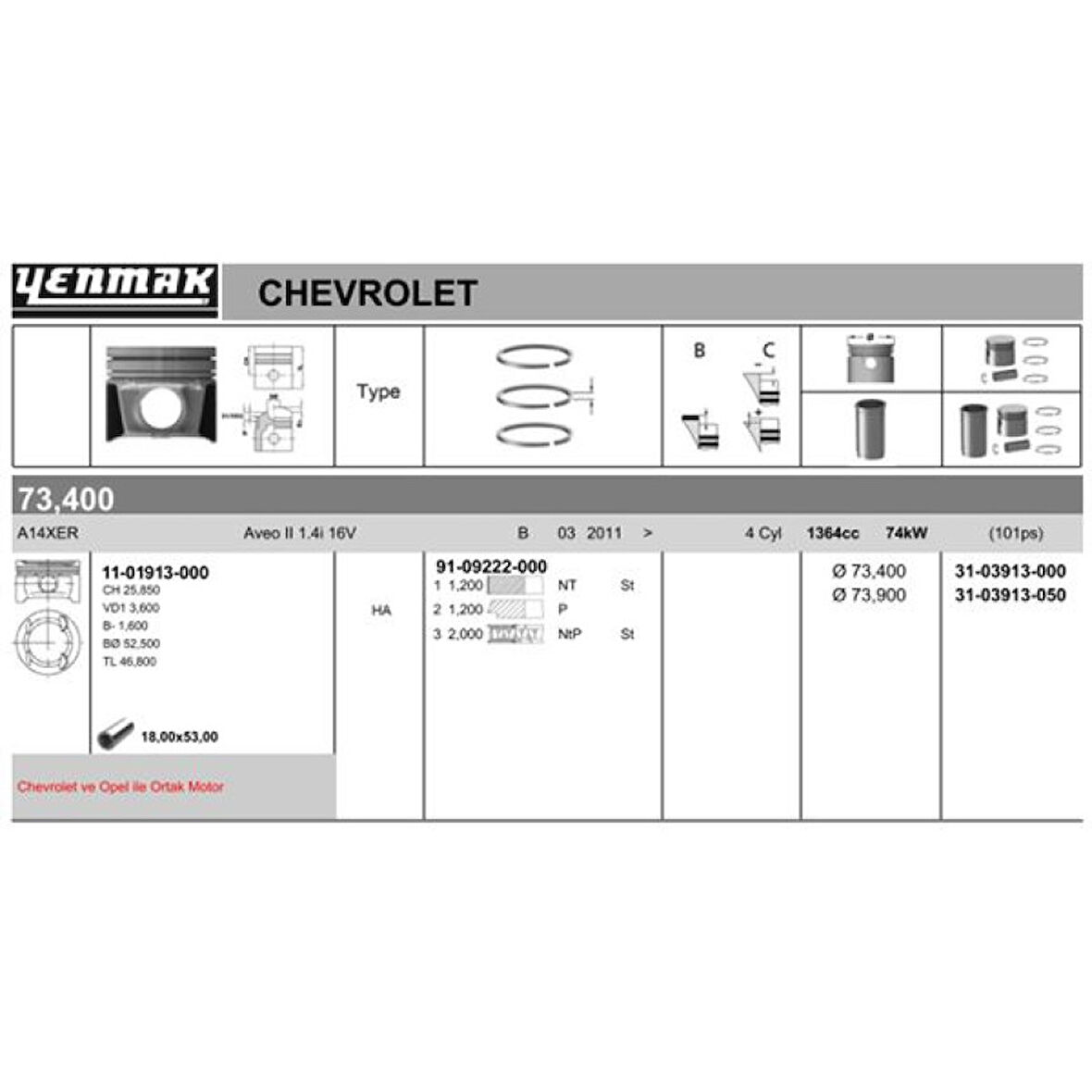Opel Motor Pistan+segman Komple (0,50) Astra J – Corsa D – Aveo T300 – A14xer - Yenmak 31-03913-050