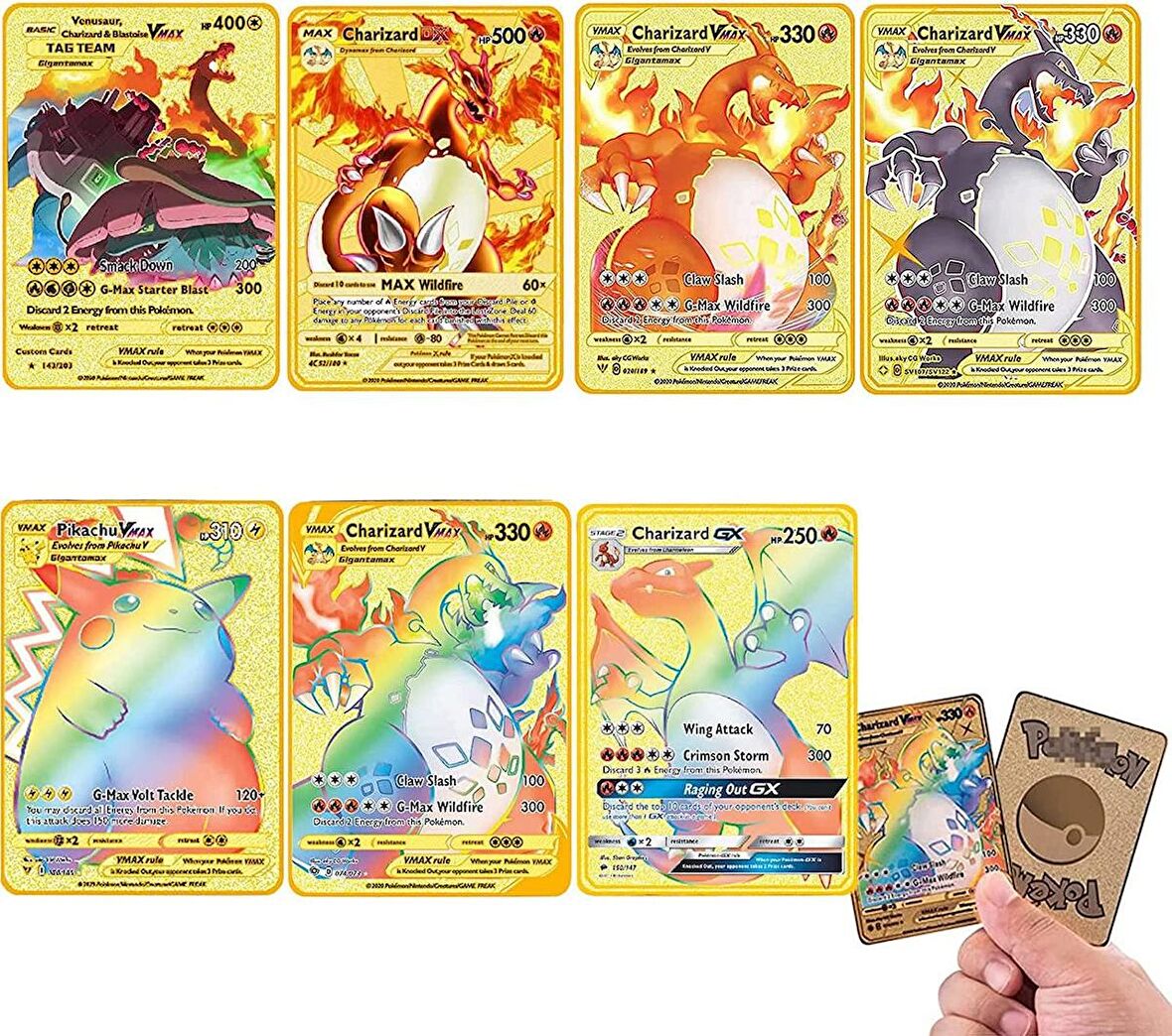 İthal Pokemon Vmax Gold Card TCG DX GX Altın PVC Esnek Oyuncu & Koleksiyon Pokemon Kartı 10 Adet
