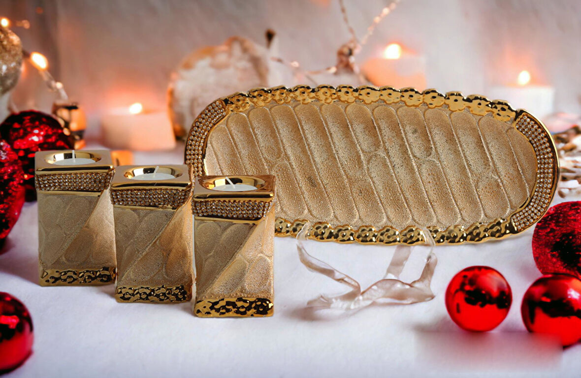 Lüks Porselen 3lü Tealight Mumluk Şamdan Biblo Heykel Hediyelik Dekoratif Ürün Masa Süsü Ev Hediye 5